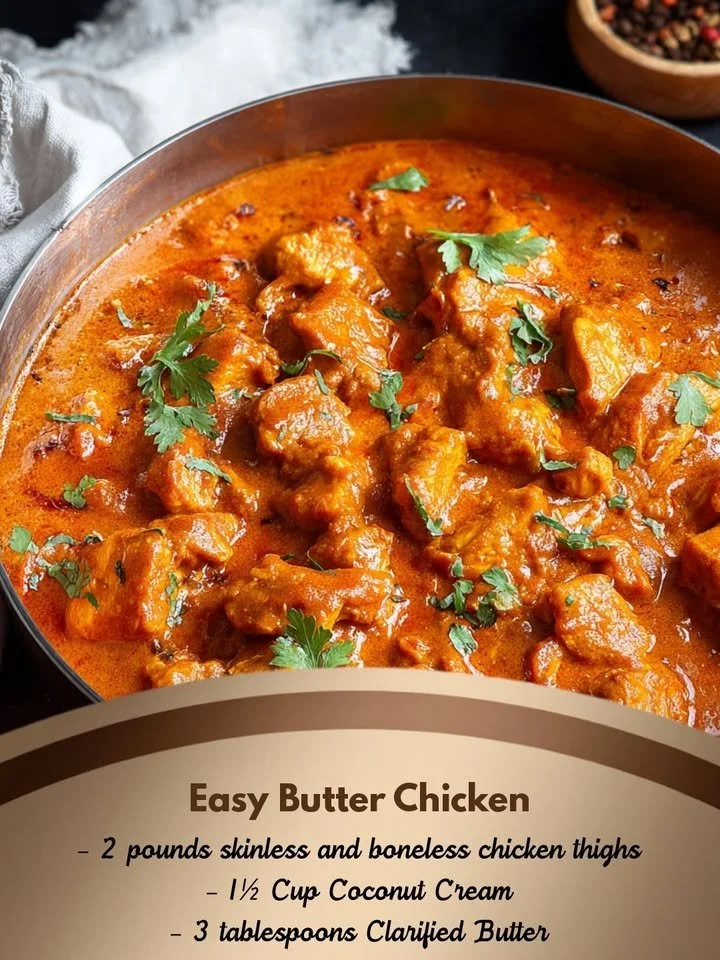 Delicious easy butter chicken recipe served with rice and naan.