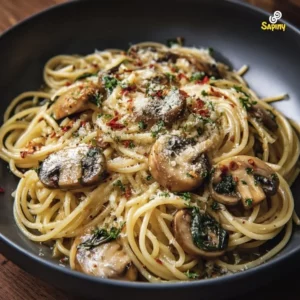 Delicious plate of butter garlic mushroom parmesan pasta garnished with parsley