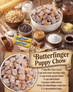Delicious and easy Butterfinger Puppy Chow snack mix with chocolate and peanut butter.