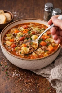 Bowl of easy cabbage soup garnished with herbs on a wooden table.