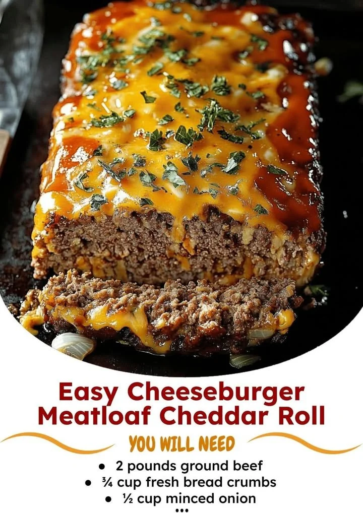 Easy cheeseburger meatloaf cheddar roll on a plate