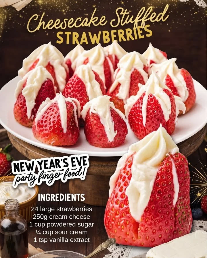 Delicious cheesecake stuffed strawberries topped with whipped cream