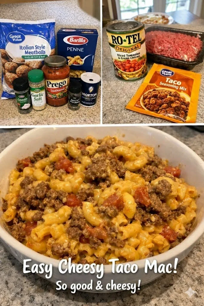 Cheesy Taco Mac in a bowl topped with green onions and cheese