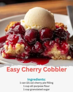 Delicious easy cherry cobbler dessert in a baking dish