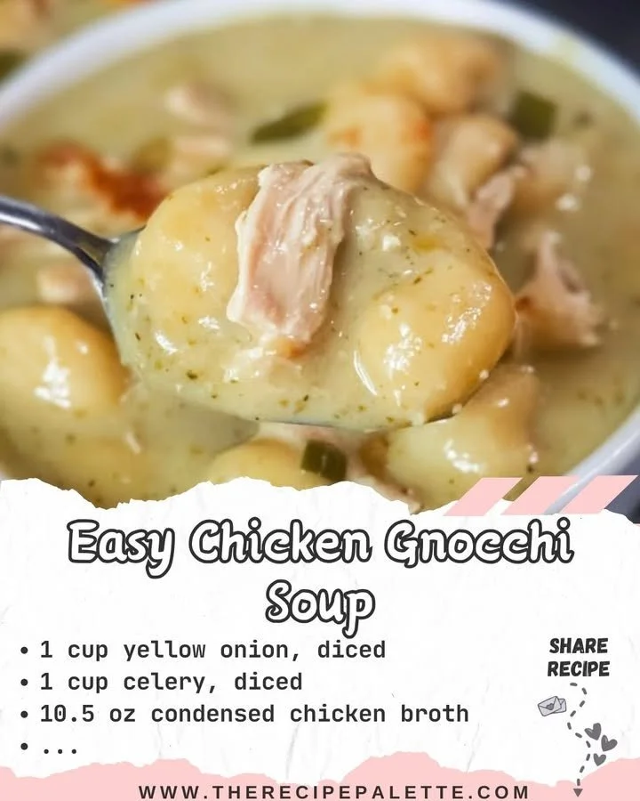 Bowl of easy Chicken Gnocchi Soup with vegetables and herbs