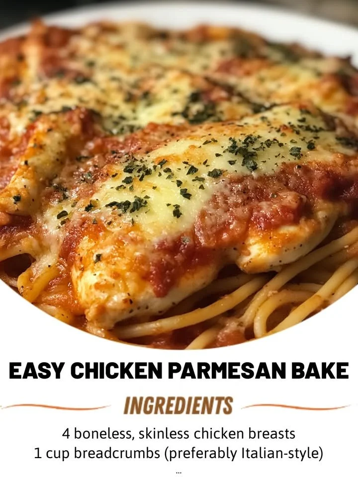 Delicious easy chicken parmesan bake with melted cheese and marinara sauce