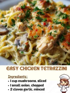 Delicious and creamy Chicken Tetrazzini pasta dish plated with herbs