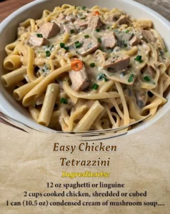 Easy chicken tetrazzini dish with creamy sauce and pasta
