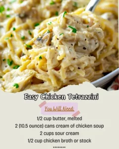 Delicious easy chicken tetrazzini served in a baking dish