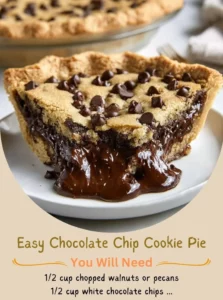 Deliciously baked easy chocolate chip cookie pie slice on a plate.