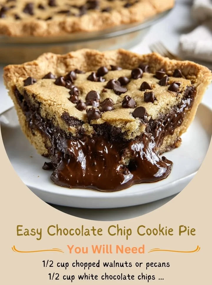 Deliciously baked easy chocolate chip cookie pie slice on a plate.