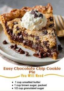 Delicious easy chocolate chip cookie pie served on a wooden table