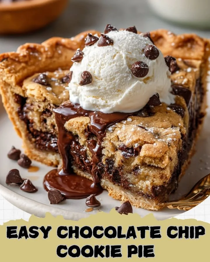 Delicious easy chocolate chip cookie pie slice on a plate