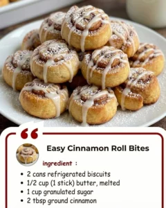 Easy cinnamon roll bites served on a plate with icing drizzle