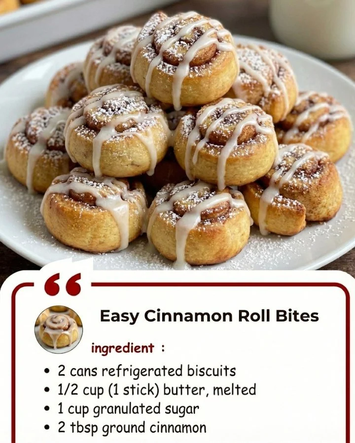 Easy cinnamon roll bites served on a plate with icing drizzle