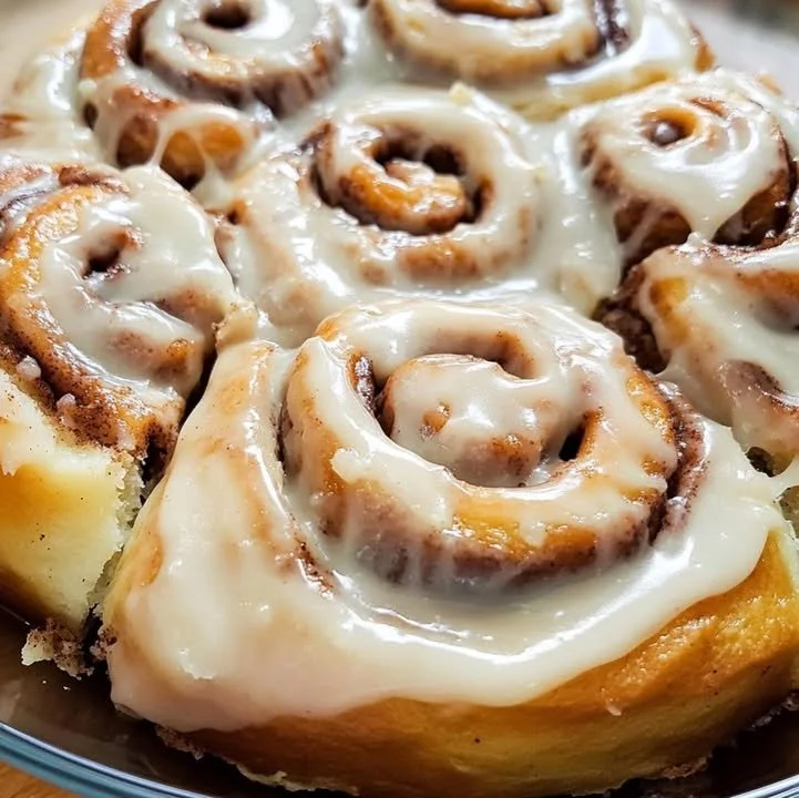 Delicious homemade easy cinnamon rolls topped with icing on a plate