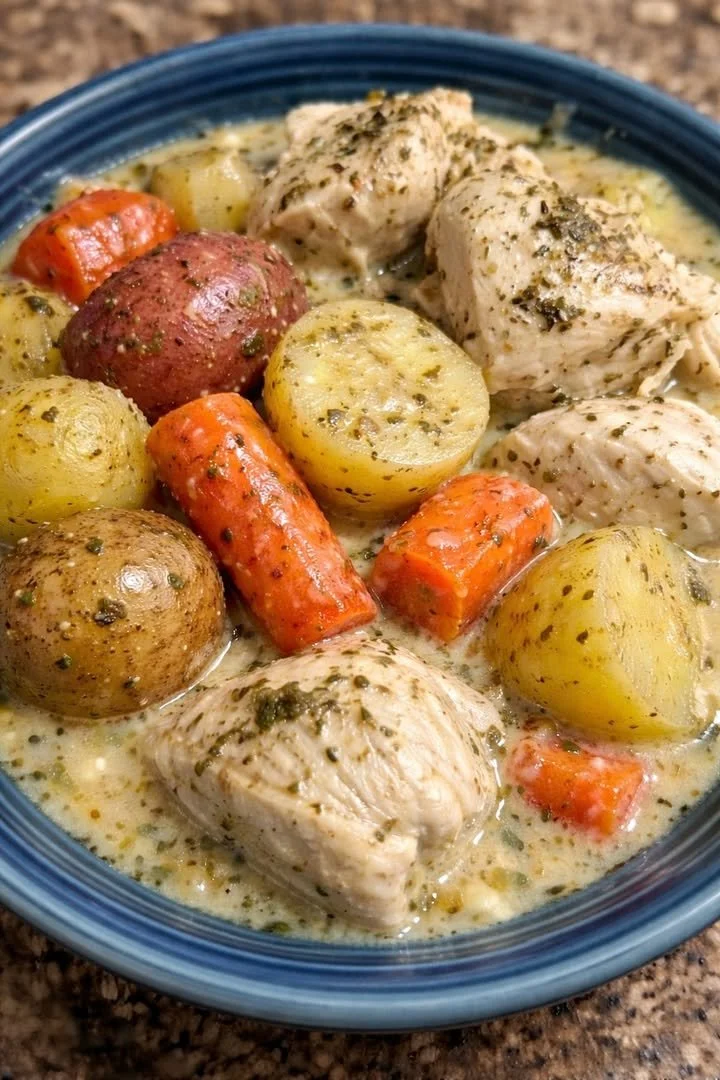 Delicious easy Crockpot chicken and potatoes served on a plate