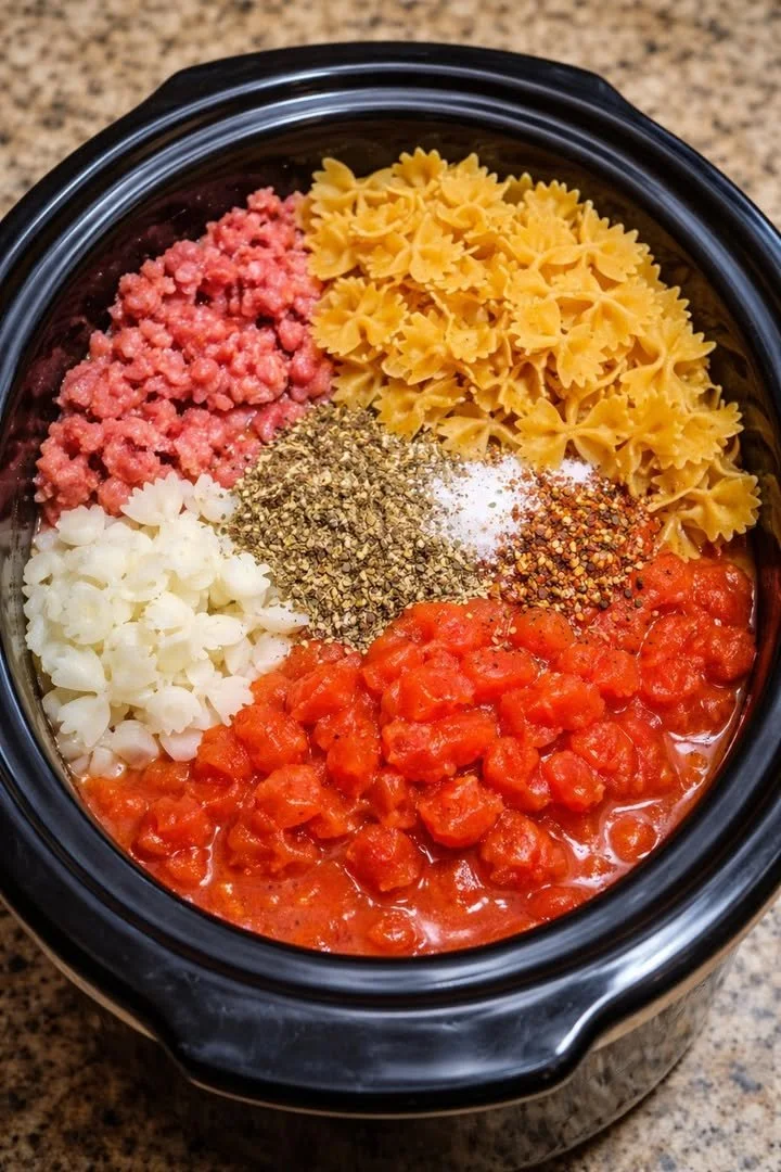Delicious easy crockpot creamy beef pasta with bowtie noodles