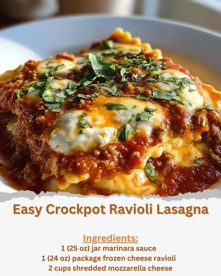 Delicious Easy Crockpot Ravioli Lasagna served with herbs and cheese on top