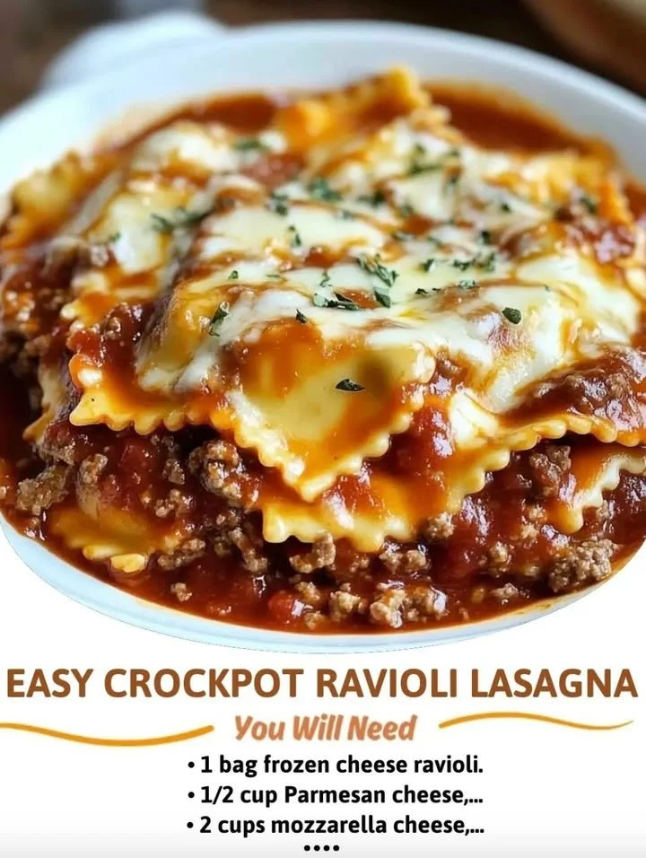 Delicious Easy Crockpot Ravioli Lasagna served in a bowl with cheese and herbs.