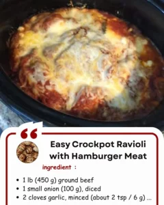 Bowl of easy crockpot ravioli with hamburger meat ready to serve