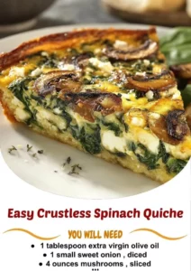 Easy crustless spinach quiche served on a plate with fresh herbs