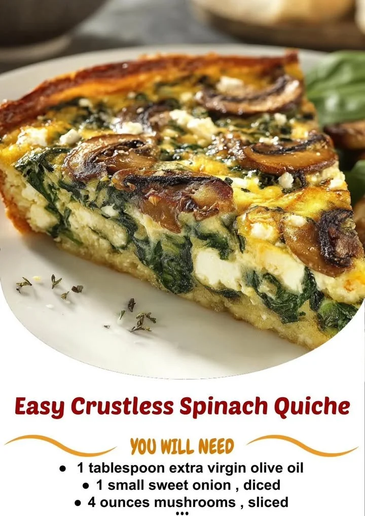 Easy crustless spinach quiche served on a plate with fresh herbs