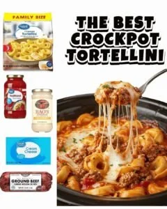 Bowl of easy delicious crockpot tortellini served with fresh herbs