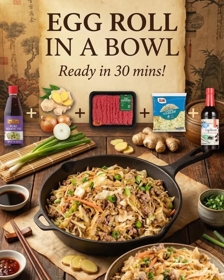 Bowl of delicious easy egg roll in a bowl with colorful veggies and pork.