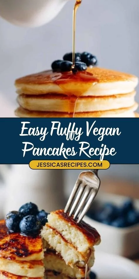 Stack of fluffy vegan pancakes topped with fresh berries and maple syrup