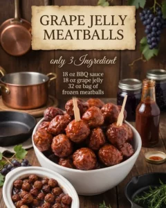 Plate of easy grape jelly meatballs served as an appetizer.