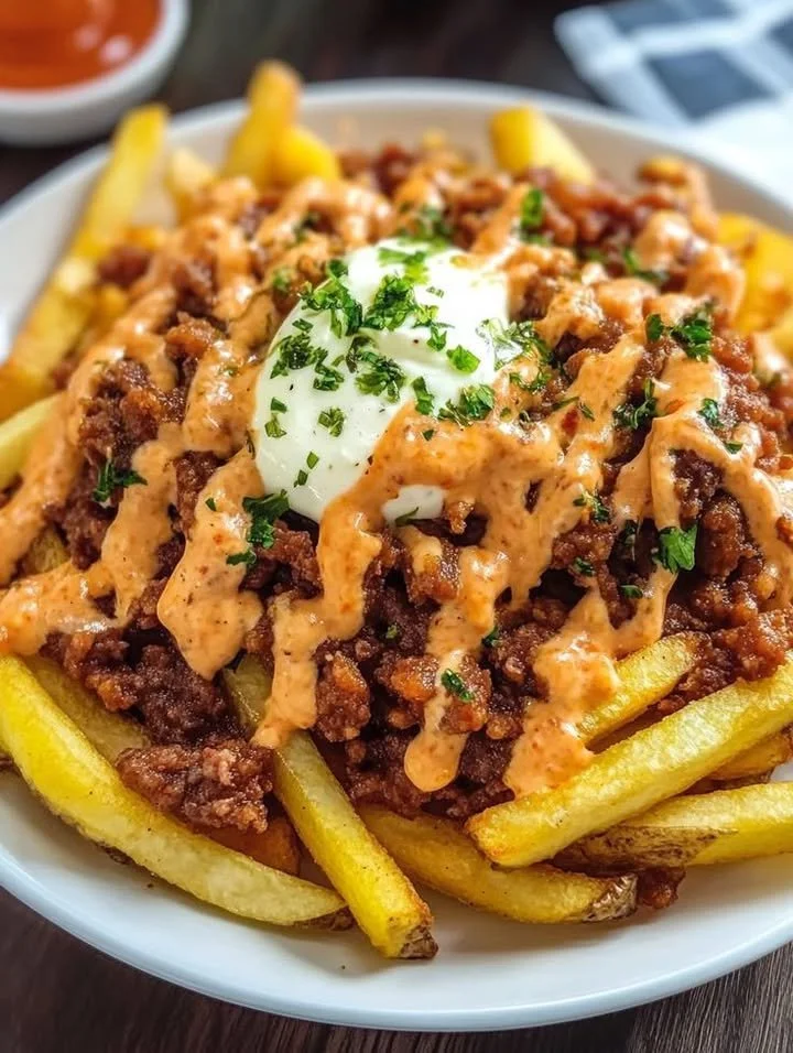 Delicious Halal Loaded Chili Cheese Fries topped with cheese and chili