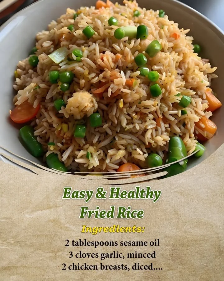 Bowl of easy and healthy fried rice with vegetables and eggs