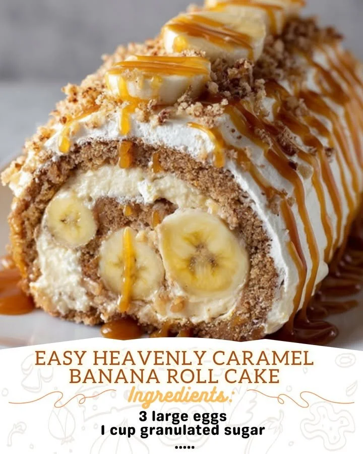 Slice of Easy Heavenly Caramel Banana Roll Cake on a plate