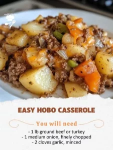 Delicious easy hobo casserole served in a dish with vegetables and meat