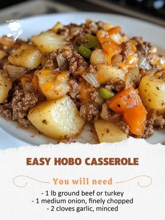 Delicious easy hobo casserole served in a dish with vegetables and meat