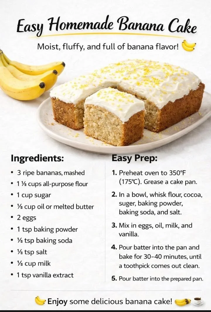 Delicious homemade banana cake topped with cream frosting and fresh bananas
