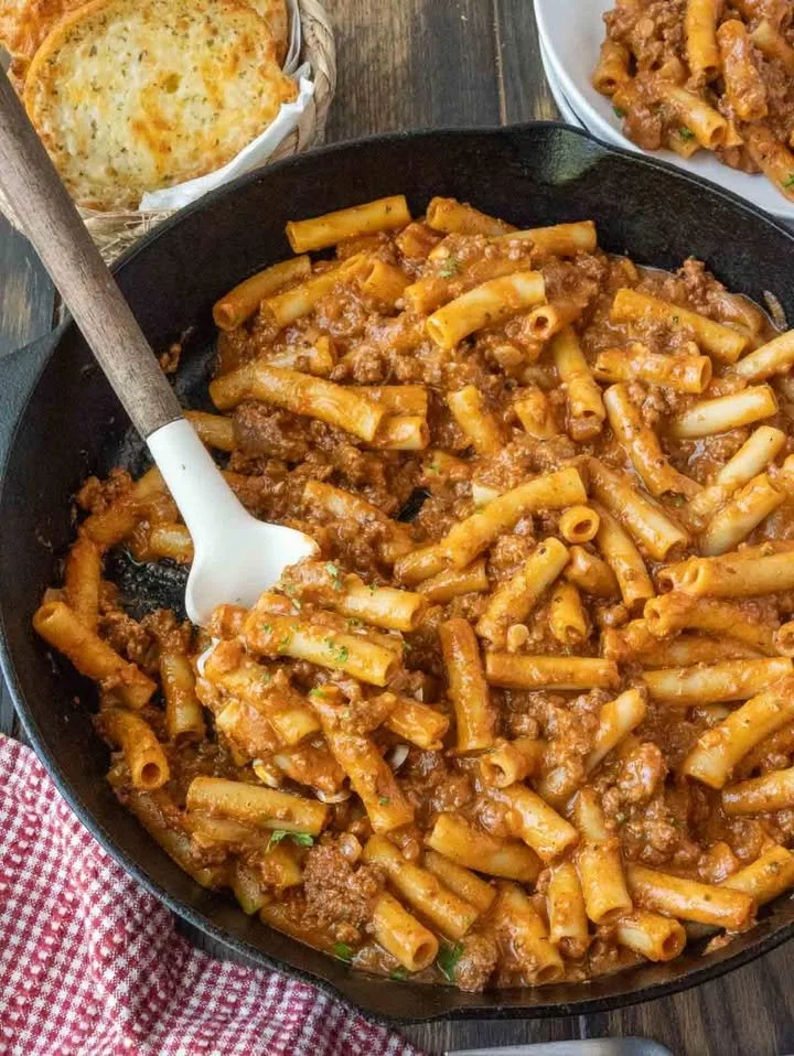 A delicious bowl of easy homemade Beefaroni topped with cheese