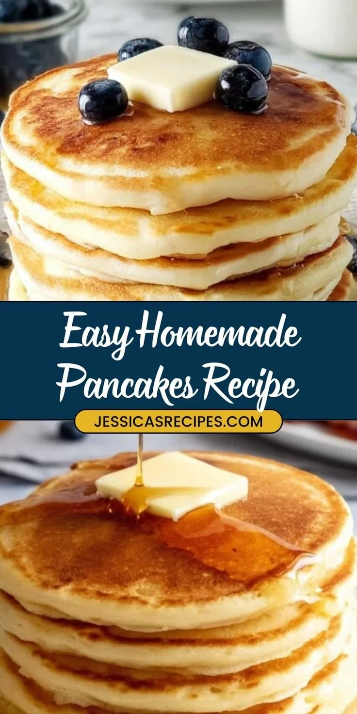 Stack of fluffy homemade pancakes topped with maple syrup