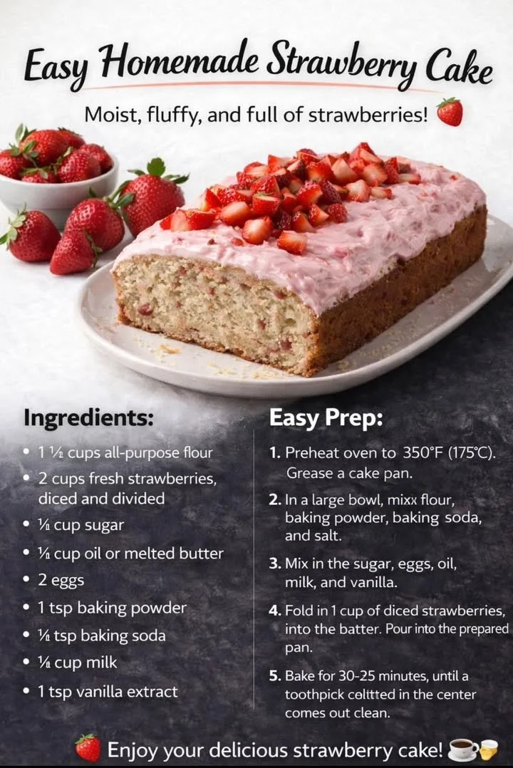 Delicious easy homemade strawberry cake topped with fresh strawberries