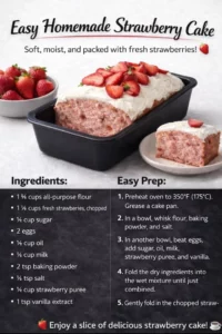 A slice of easy homemade strawberry cake topped with fresh strawberries.