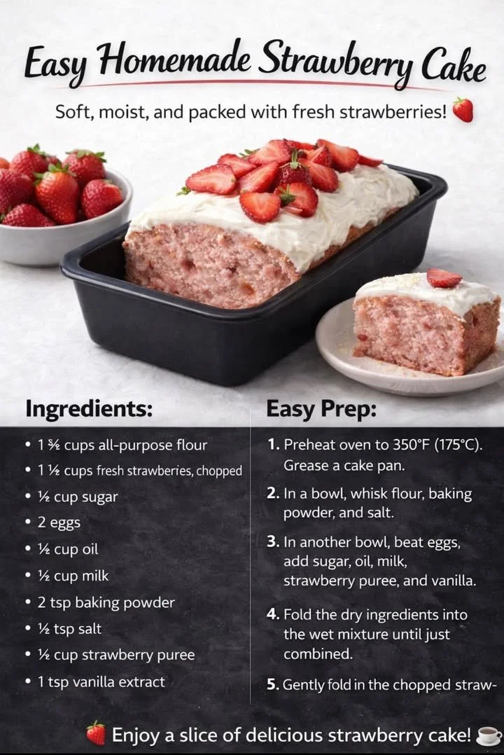 A slice of easy homemade strawberry cake topped with fresh strawberries.