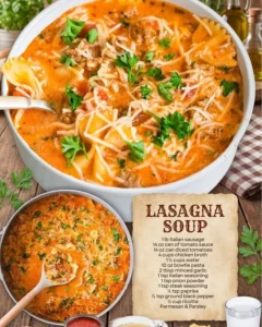 Bowl of easy lasagna soup with cheese and basil garnish