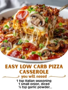Easy Low Carb Pizza Casserole topped with cheese and fresh herbs