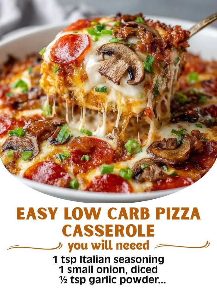 Easy Low Carb Pizza Casserole topped with cheese and fresh herbs