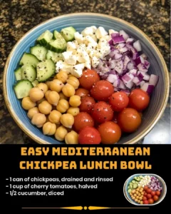Healthy Easy Mediterranean Chickpea Lunch Bowl with fresh ingredients