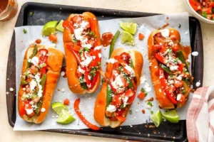 Delicious easy Mexican hot dogs with toppings ready to serve.