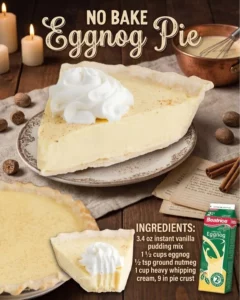 No-bake eggnog pie topped with whipped cream and nutmeg.