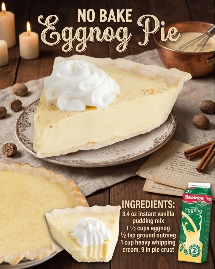 No-bake eggnog pie topped with whipped cream and nutmeg.