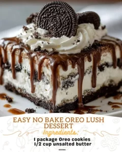 Easy No Bake Oreo Lush Dessert with layers of cream and Oreo cookies.
